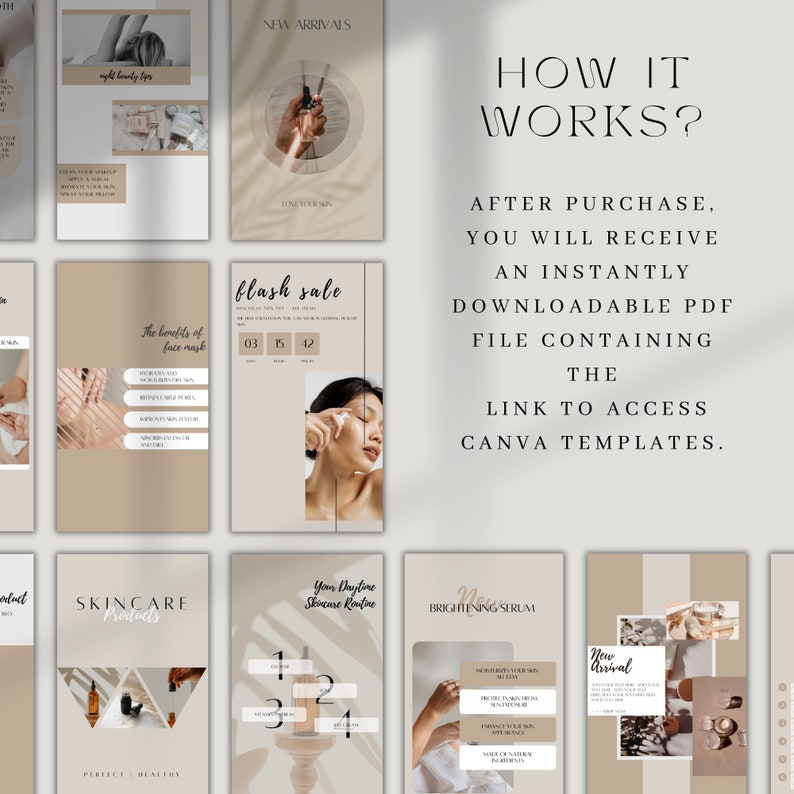 May include: A set of digital templates for social media posts about skincare products. The templates feature a neutral color palette of beige and brown with images of skincare products and text that says "Skincare Products", "New Arrivals", "Flash Sale", "The Benefits of Face Mask", "Your Daytime Skincare Routine", and "Brightening Serum".