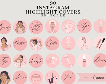 May include: A set of 90 pink Instagram highlight covers with various skincare-related icons and text, including "Beauty", "Lasty spots", "Quotes", "Tips", "Nails", "Ask me", "For", "Contact", "After", "Duces", and "Made in Canva".