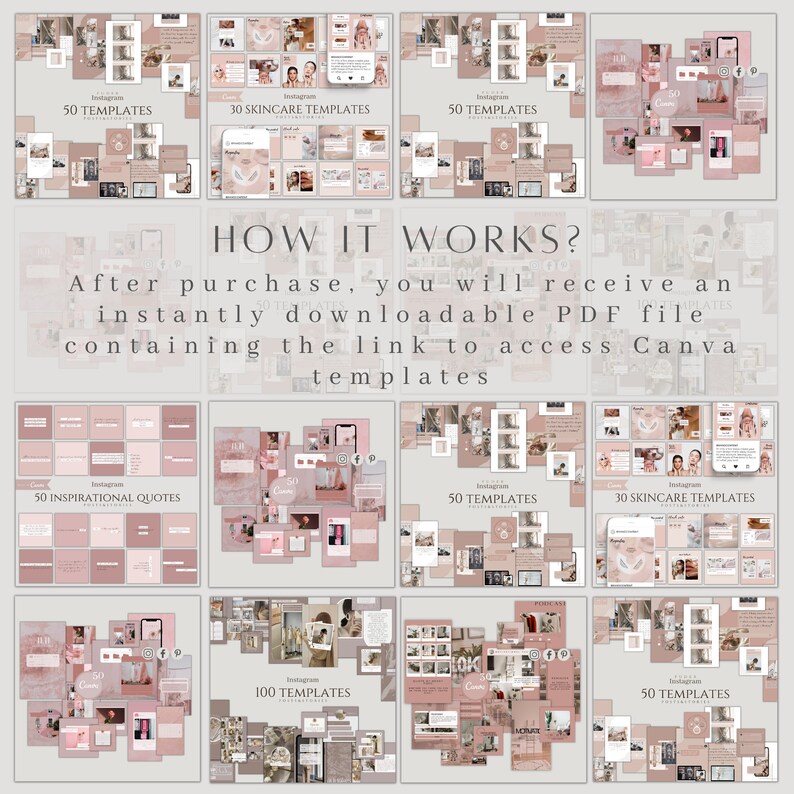 K&ouml;nnte beinhalten: Eine Collage von Bildern, die Instagram-Vorlagen f&uuml;r Canva zeigen. Die Vorlagen haben ein rosa-wei&szlig;es Farbschema und beinhalten verschiedene Designs, wie zum Beispiel inspirierende Zitate, Hautpflegetipps und allgemeine Lifestyle-Inhalte. Der Text "HOW IT WORKS?" wird in gro&szlig;en, fetten Buchstaben angezeigt. Der Text "Nach dem Kauf erhalten Sie eine sofort herunterladbare PDF-Datei, die den Link zum Zugriff auf Canva-Vorlagen enth&auml;lt" wird ebenfalls angezeigt.