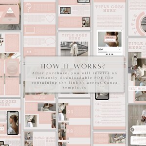 May include: A pink and white digital planner template with the text "How it works?" and "After purchase, you will receive an instantly downloadable PDF file containing the link to access Canva templates". The template includes images of a woman wearing a white outfit and a laptop.