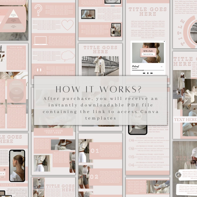 May include: A pink and white digital planner template with the text "How it works?" and "After purchase, you will receive an instantly downloadable PDF file containing the link to access Canva templates". The template includes images of a woman wearing a white outfit and a laptop.