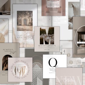 K&ouml;nnte beinhalten: Eine Collage aus Social-Media-Posts und Werbematerialien. Die Designs weisen neutrale Farbt&ouml;ne auf, darunter Beige, Wei&szlig; und Braun. Textelemente sind "Motivation", "Sale" und "New Collection". Das Gesamtthema ist minimalistisch und lifestyleorientiert.
