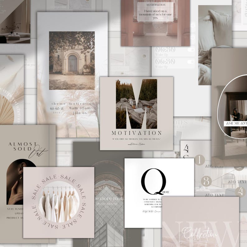 K&ouml;nnte beinhalten: Eine Collage aus Social-Media-Posts und Werbematerialien. Die Designs weisen neutrale Farbt&ouml;ne auf, darunter Beige, Wei&szlig; und Braun. Textelemente sind "Motivation", "Sale" und "New Collection". Das Gesamtthema ist minimalistisch und lifestyleorientiert.