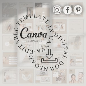 May include: A digital marketing template for Canva featuring a beige and brown color scheme. The template includes a variety of images and text, including the words "Canva Template" and "Digital Download".