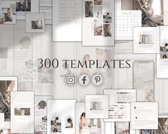 May include: A collage of 300 social media templates in a neutral color palette with a minimalist aesthetic. The templates feature a variety of layouts, including quotes, calendar grids, and inspirational messages. The templates are designed for use on Instagram, Facebook, and Pinterest.