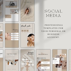 May include: A collection of social media templates for personal or business accounts. The templates feature a neutral color palette with brown, beige, and white. The templates are designed for skincare products and feature text such as "New Arrivals", "Flash Sale", "Skincare Products", "Your Daytime Skincare Routine", and "Brightening Serum".