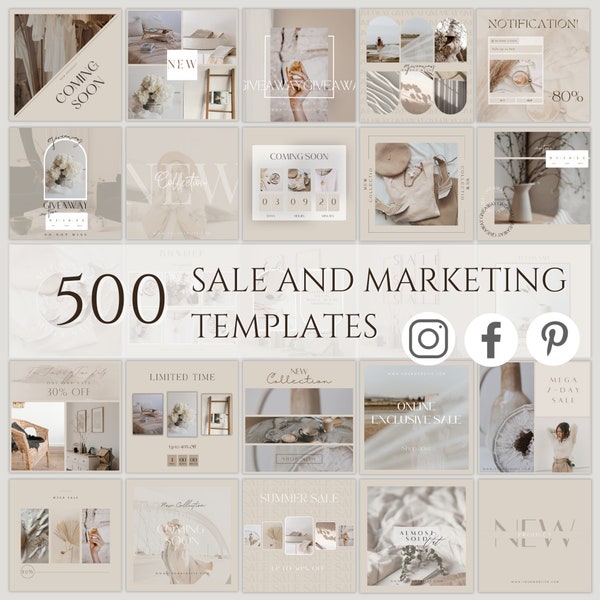 Kit de 500 modèles de marketing sur les réseaux sociaux | Modèles d'histoires Instagram pour les petites entreprises | Modèles de publication de boutique Instagram esthétiques pour Canva