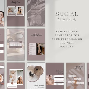 May include: A collection of social media templates in shades of brown and white, designed for beauty and skincare businesses. The templates include text such as "Beauty Care", "benefits of skincare", and "Your Daytime Skincare Routine".