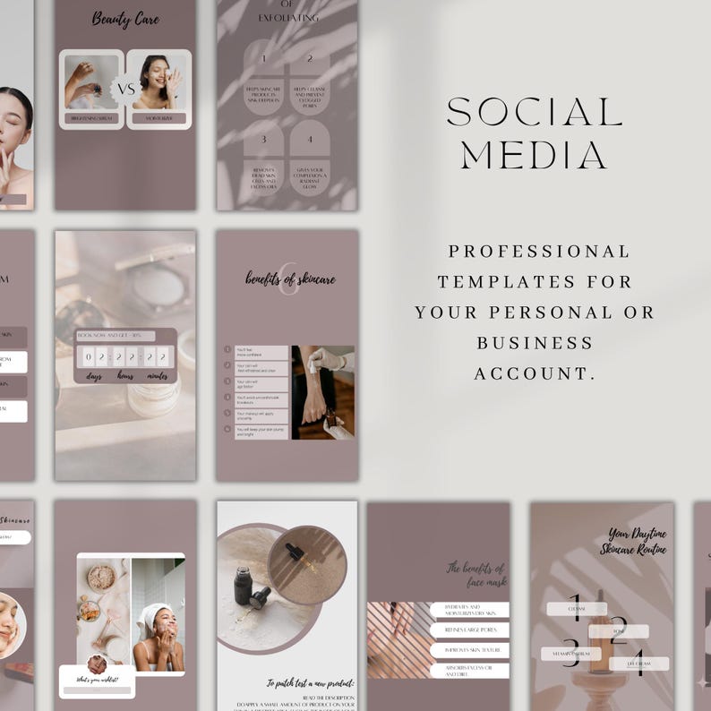 May include: A collection of social media templates in shades of brown and white, designed for beauty and skincare businesses. The templates include text such as "Beauty Care", "benefits of skincare", and "Your Daytime Skincare Routine".