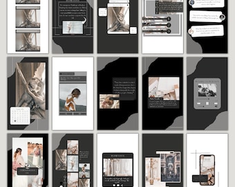 May include: A collection of 12 Instagram story templates featuring a black and gray color scheme. The templates include quotes, photos, and text boxes. The templates are designed to be used for personal or business branding.