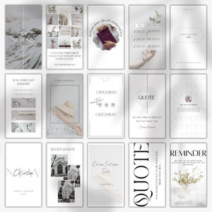 Peut inclure: Ensemble de modèles de médias sociaux minimalistes dans des tons blancs et beiges. Les modèles comportent des superpositions de texte avec des phrases telles que "Automne", "Giveaway" et "Citation". Certains modèles incluent des images de plantes et une personne tenant un livre.