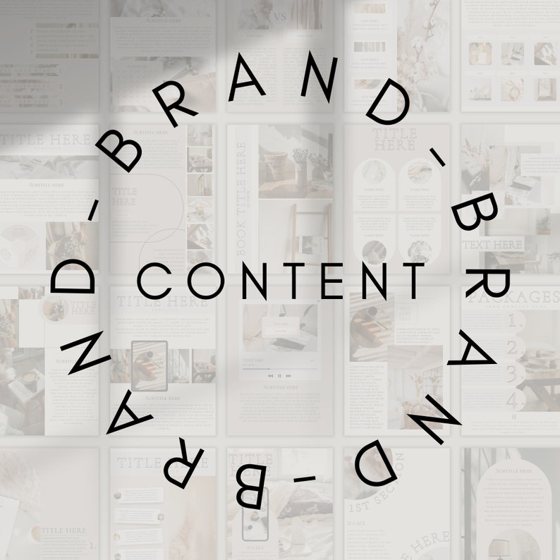 Pu&ograve; includere: Un design grafico in bianco e nero con le parole "Brand Content Brand" in un cerchio. Il design &egrave; circondato da una griglia di pagine bianche con testo e immagini.
