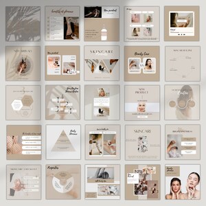 May include: A collection of Instagram story templates for a skincare brand. The templates feature a neutral color palette of beige and brown with text overlays. The templates include topics such as skincare routine, new product, benefits of skincare, and daily skincare.