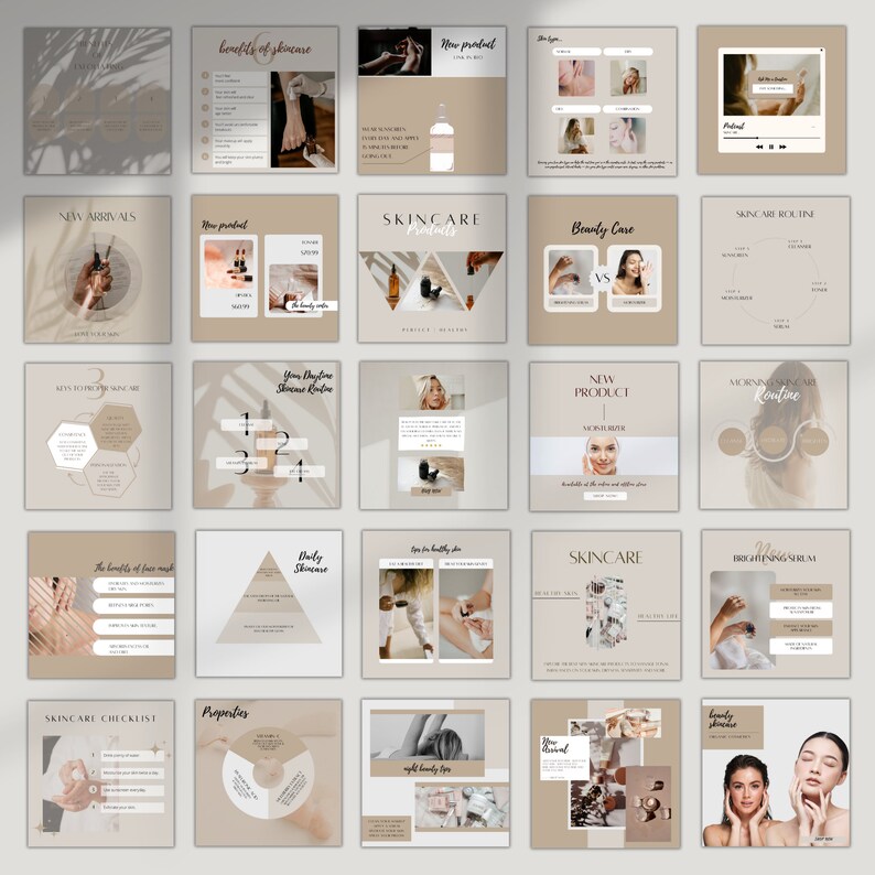 May include: A collection of Instagram story templates for a skincare brand. The templates feature a neutral color palette of beige and brown with text overlays. The templates include topics such as skincare routine, new product, benefits of skincare, and daily skincare.