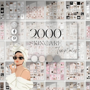 以下が含まれることがあります： ソーシャルメディア用のスキンケアテンプレート2000個のコラージュ。テンプレートはさまざまな色とスタイルで、スキンケア製品、モデル、テキストの画像が特徴です。テキストには「スキンケアテンプレート」と「2000」という単語が含まれています。