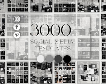 Puede incluir: Un collage de plantillas de redes sociales en blanco y negro. La imagen presenta una variedad de diseños y diseños, incluidas cuadrículas, citas y vitrinas de productos. El texto "3000+ Plantillas de redes sociales" se muestra en el centro de la imagen.