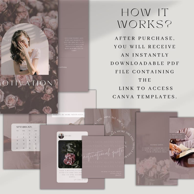 K&ouml;nnte beinhalten: Eine Sammlung digitaler Vorlagen in Mauve- und Wei&szlig;t&ouml;nen mit floralen und motivierenden Designs. Der Text "HOW IT WORKS?" und "MOTIVATION" ist sichtbar. Enth&auml;lt einen Kalender, einen Social-Media-Beitrag und Zitatkarten.