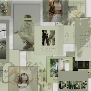 K&ouml;nnte beinhalten: Eine Collage von Social-Media-Posts mit einem ged&auml;mpften Gr&uuml;n- und Wei&szlig;-Farbschema. Die Beitr&auml;ge enthalten Texte wie "Motivation", "Coming Soon" und "Giveaway". Die Bilder zeigen Lifestyle- und Modethemen.