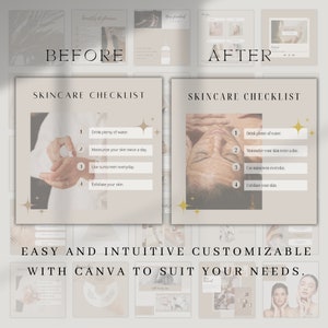 May include: Before and after images of a skincare routine checklist. The checklist includes four steps: drink plenty of water, moisturize your skin twice a day, use sunscreen everyday, and exfoliate your skin.