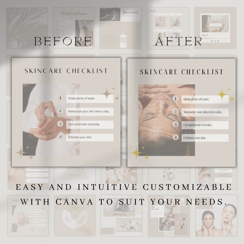 May include: Before and after images of a skincare routine checklist. The checklist includes four steps: drink plenty of water, moisturize your skin twice a day, use sunscreen everyday, and exfoliate your skin.