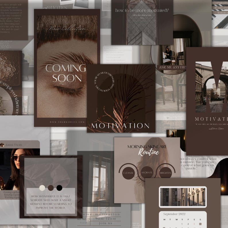 K&ouml;nnte beinhalten: Eine Collage aus braunen und beigen Social-Media-Grafiken. Eine Grafik zeigt "Coming Soon" mit einem Augenbild. Weitere Grafiken enthalten die W&ouml;rter "Motivation" und "Morning Skincare Routine".