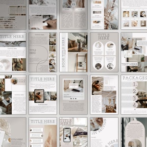 Pu&ograve; includere: Una raccolta di modelli digitali beige e marroni per un libro o un sito web. I modelli presentano caselle di testo, immagini ed elementi decorativi. Il testo sui modelli include "Titolo qui", "Sottotitolo qui", "Titolo del libro qui", "1a sezione", "Pacchetti" e "Testo qui".