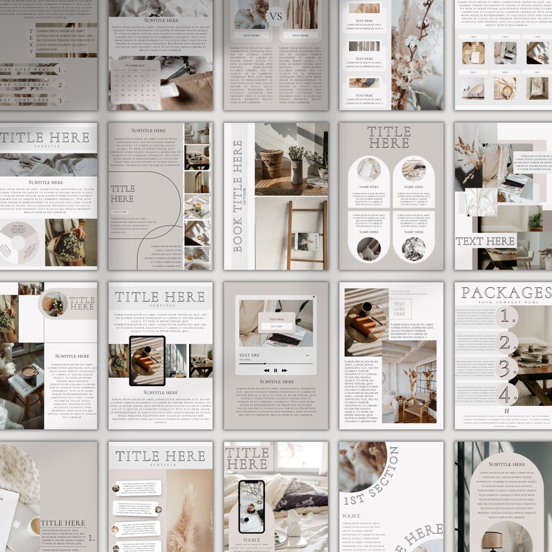 Pu&ograve; includere: Una raccolta di modelli digitali beige e marroni per un libro o un sito web. I modelli presentano caselle di testo, immagini ed elementi decorativi. Il testo sui modelli include "Titolo qui", "Sottotitolo qui", "Titolo del libro qui", "1a sezione", "Pacchetti" e "Testo qui".
