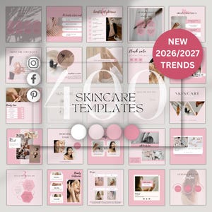 May include: A collection of 400 skincare social media templates featuring a soft pink and white color palette. The grid displays various layouts with text, skincare imagery, and icons. A large pink circle states NEW 2026/2027 TRENDS.