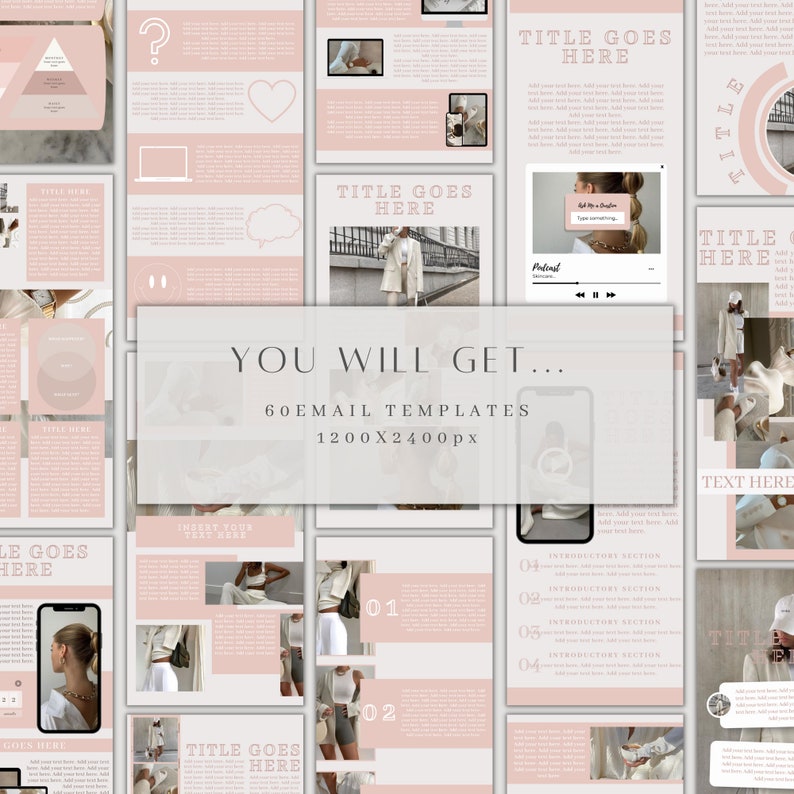 May include: A collection of 60 email templates in a pink and white color scheme. The templates are designed for use in a business or personal context. The text "You Will Get... 60 Email Templates 1200x2400px" is displayed in the center of the image.