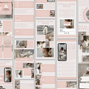 May include: A pink and white digital planner template with a variety of layouts for different types of content, including text, images, and videos. The template includes a title page, a table of contents, and several pages for different topics. The template is designed to be used with a digital planner app.