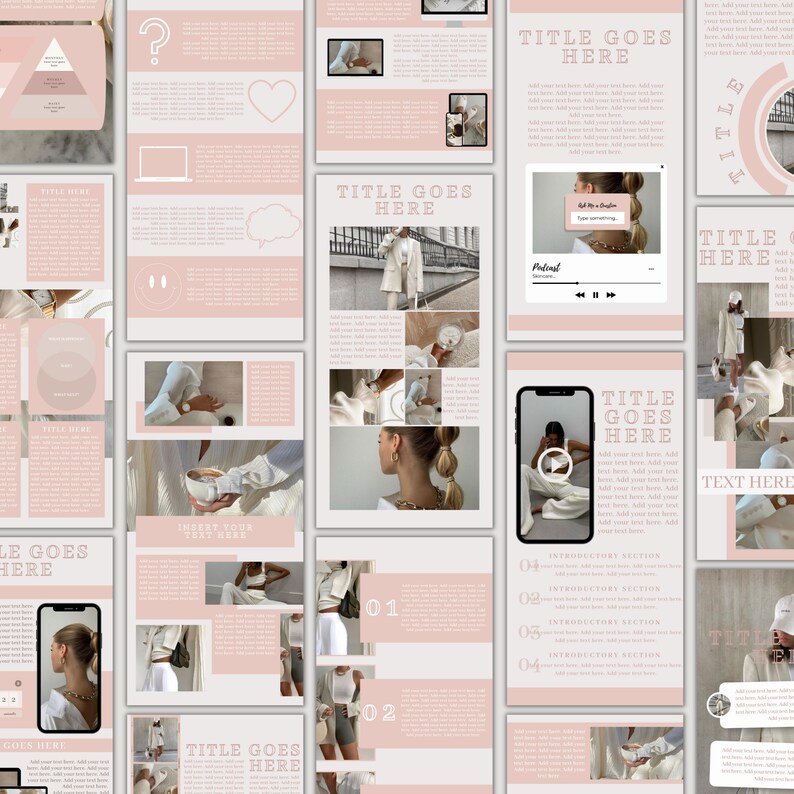 May include: A pink and white digital planner template with a variety of layouts for different types of content, including text, images, and videos. The template includes a title page, a table of contents, and several pages for different topics. The template is designed to be used with a digital planner app.