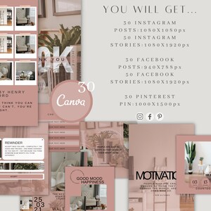 May include: A pink and white graphic design template for social media posts and stories. The template includes text that says "You Will Get..." and lists the number of Instagram posts and stories, Facebook posts and stories, and Pinterest pins that are included in the package. The template also includes a Canva logo and the text "30 Canva".