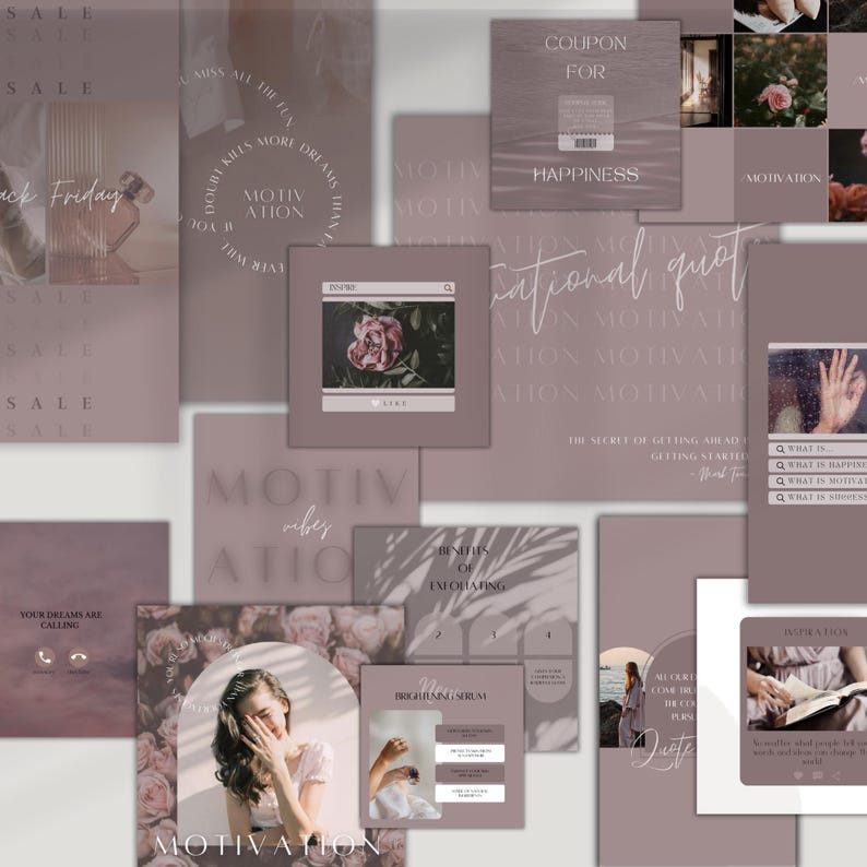 K&ouml;nnte beinhalten: Eine Sammlung von Social-Media-Vorlagen in Mauve- und Wei&szlig;t&ouml;nen. Die Vorlagen enthalten Texte wie "Motivation", "Sale" und "Coupon for Happiness". Bilder zeigen eine Rose, eine Frau und einen Parf&uuml;mflakon. Das Gesamtthema ist motivierend und werblich.