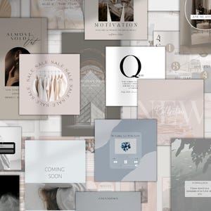 K&ouml;nnte beinhalten: Eine Collage aus Social-Media-Posts und Werbegrafiken. Die Designs enthalten Texte wie "Motivation", "Sale" und "Coming Soon". Die Farbpalette umfasst neutrale T&ouml;ne, mit Bildern von Kleidung und einer Musikplayer-Oberfl&auml;che.