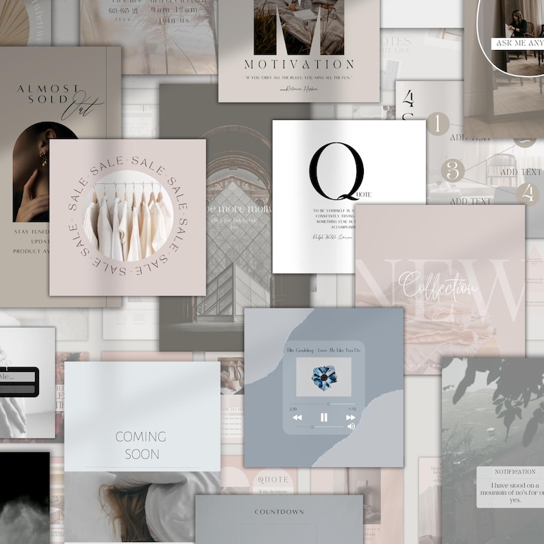 K&ouml;nnte beinhalten: Eine Collage aus Social-Media-Posts und Werbegrafiken. Die Designs enthalten Texte wie "Motivation", "Sale" und "Coming Soon". Die Farbpalette umfasst neutrale T&ouml;ne, mit Bildern von Kleidung und einer Musikplayer-Oberfl&auml;che.