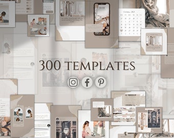 May include: A collage of 300 social media templates in a neutral color palette with a beige and brown color scheme. The templates feature images of architecture, fashion, and lifestyle. The text "300 TEMPLATES" is in the center of the image. The social media icons for Instagram, Facebook, and Pinterest are below the text.