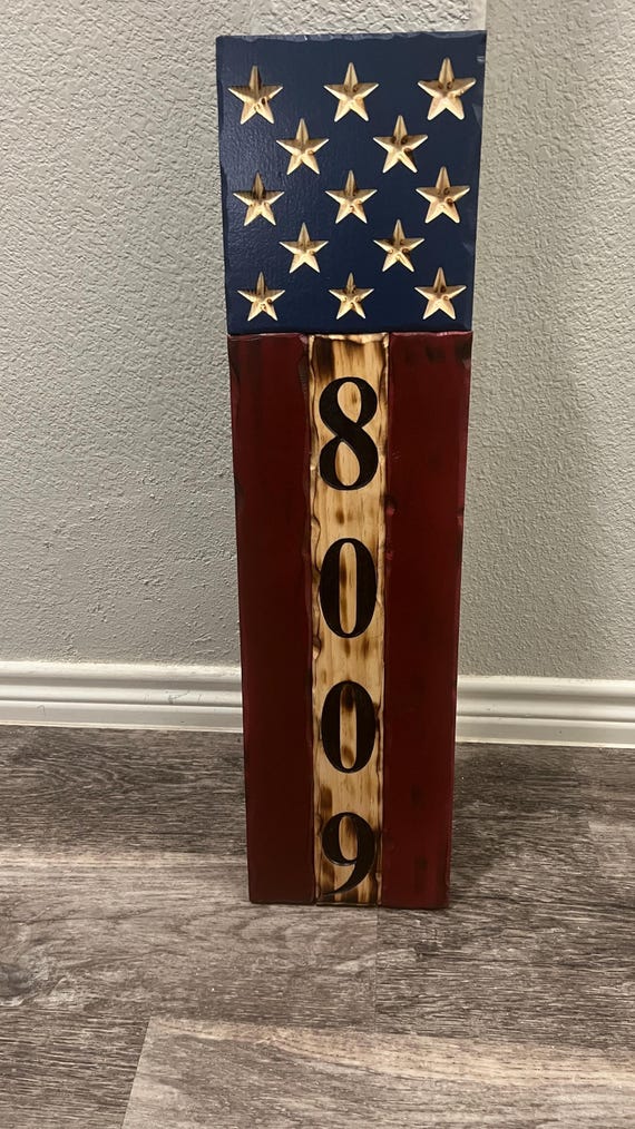 US Flag House Number Wooden Sign