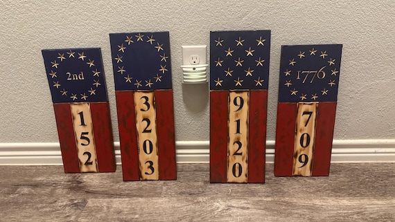 US Flag House Number Wooden Sign