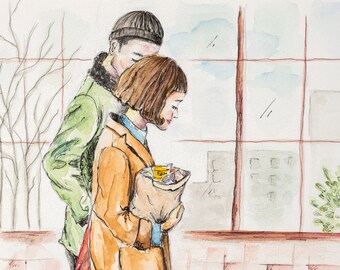 Stampa artistica di coppia che cammina, dipinto ad acquerello originale, ritratto di uomo e donna fianco a fianco, illustrazione contemporanea disegnata a mano, decorazione murale