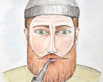 Stampa ritratto di pescatore barbuto, decorazione murale di ispirazione vintage, download digitale, figura maschile in verde