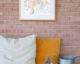 Stampa astratta di un volto botanico, acquerello dell'albero della vita, illustrazione femminile stampabile