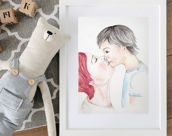 Ritratto ad acquerello di madre e figlio, decorazione da parete per cameretta scandinava, download digitale sulla maternità, decorazione da appendere fatta a mano