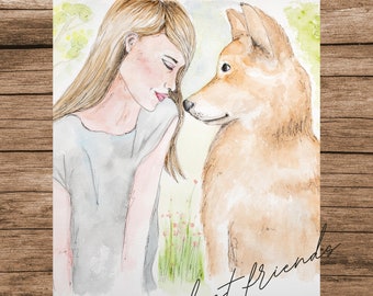 Stampa artistica di ritratto di animali domestici, acquerello di donna e cane, decorazione murale dei migliori amici, illustrazione dell'amore familiare