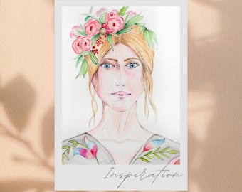 Ritratto di donna floreale, stampa digitale, moderna arte murale botanica, corona sulla testa