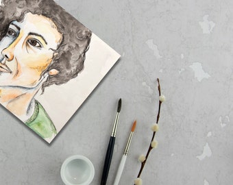 Stampa artistica di un ritratto di uomo, illustrazione ad acquerello verde tenue Japandi, decorazione murale dal design scandinavo