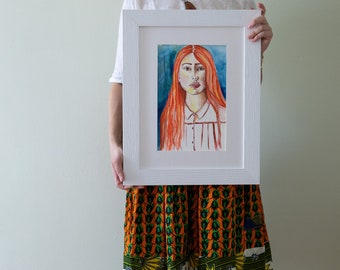 Ritratto di donna dai capelli rossi ad acquerello, stampa d'arte contemporanea, download digitale