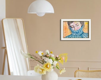 Stampa artistica ad acquerello blu cobalto, donna con maglione spesso, download digitale