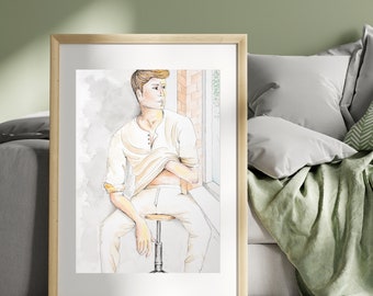 Ritratto maschile con stampa digitale, figura ad acquerello neutra e morbida, illustrazione dell'umore mattutino, accogliente decorazione murale