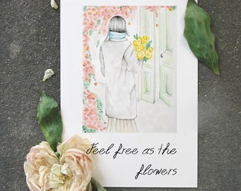 Stampa artistica di donna giapponese in giardino, arte murale floreale, illustrazione botanica, decorazione primaverile pastello