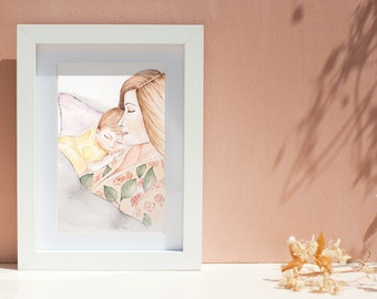 Stampa artistica ad acquerello di madre e figlio, decorazione da parete per la cameretta dei bambini, opera d'arte minimalista sulla maternità
